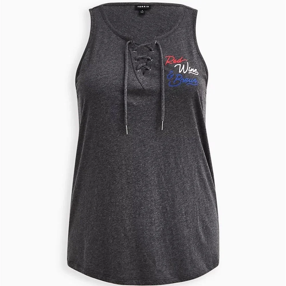 Torrid Tank Top Gray Lace Up V-Neck "Red Wine & Blue Plus Size Shirt Classic Fit